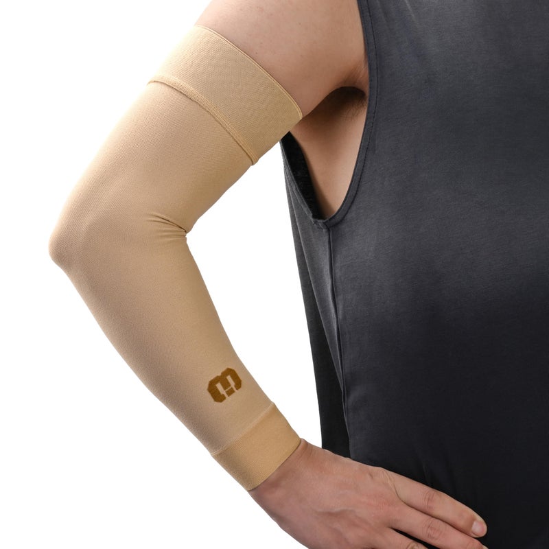 MGANG Lymphedema Compression Arm Sleeve for Women Men Opaque 1520 mmHg Compression Full Arm Support with Silicone Band Relieve Swelling Edema Post Surgery Recovery Single Beige S